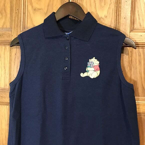Vintage Winnie The Pooh Disney Polo Shirt Sleeveless Navy Women's L 100% Cotton - Picture 3 of 8